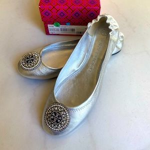 Tory Burch Crystal Logo Silver Ballet Flats
